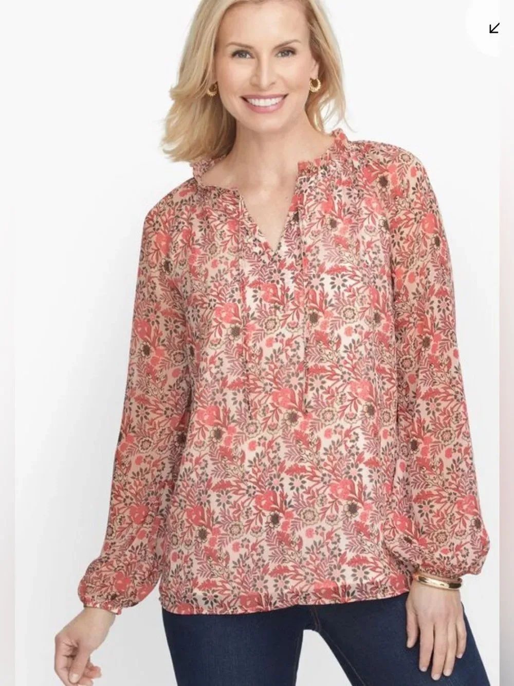 Talbots White Pink Floral Ruffle Neck Tie Closure Flowy Peasant Blouse